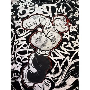 Retro Popeye‎ All Over Print Themed Black T shirt Tagless Size 2XL